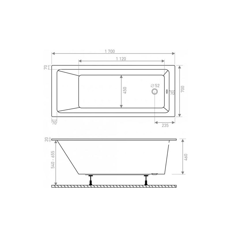 Obdélníková vana EX 170x70 cm, bílá, Lansanit LANEX170X70