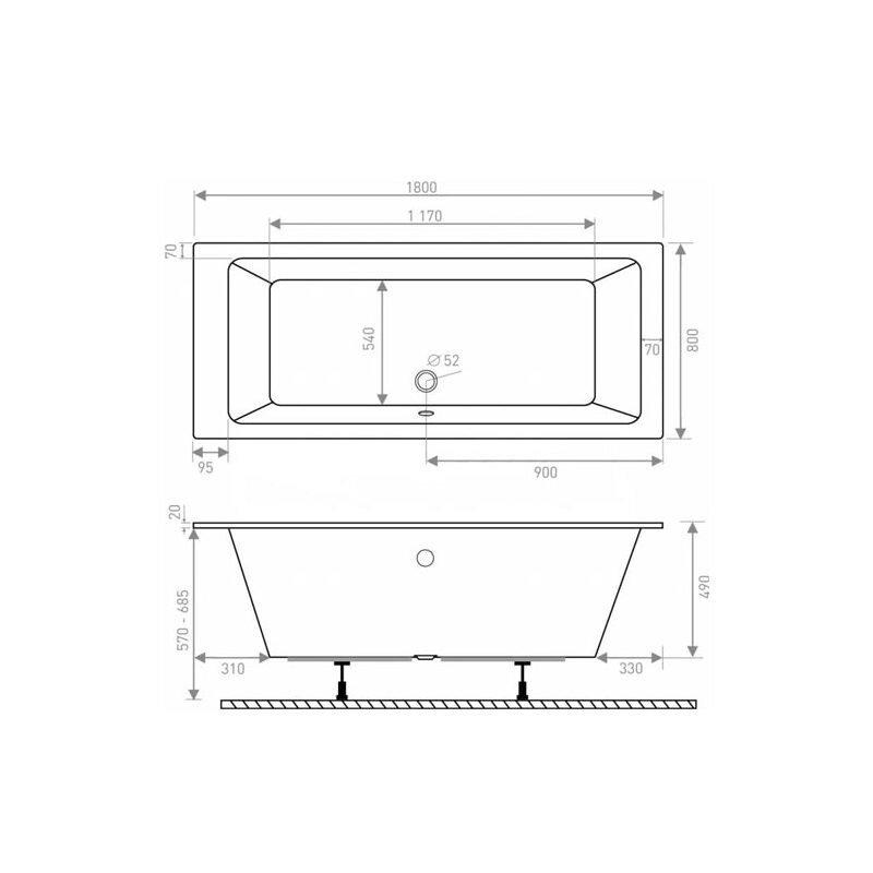 Obdélníková vana EX 180x80 cm, bílá, Lansanit LANEX180X80