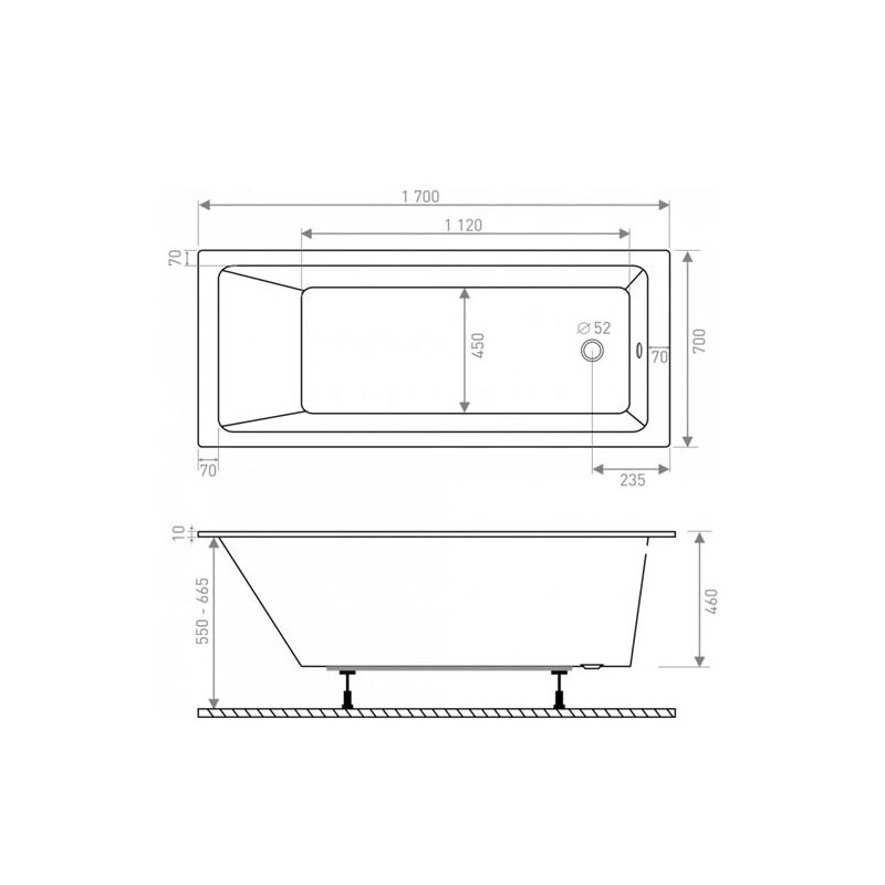 Obdélníková vana LUX 170x70 mm, bílá, včetně nožiček, Lansanit LANLUX170X70