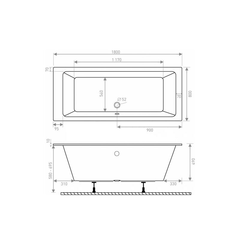 Obdélníková vana LUX 180x80 mm, bílá, včetně nožiček, Lansanit LANLUX180X80
