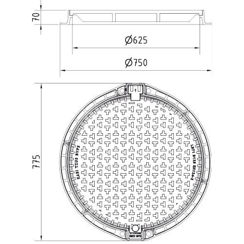 Šachtový poklop KASI Europa 7 A15 bez odvětrání, litinový rám, DN 600, KAL71