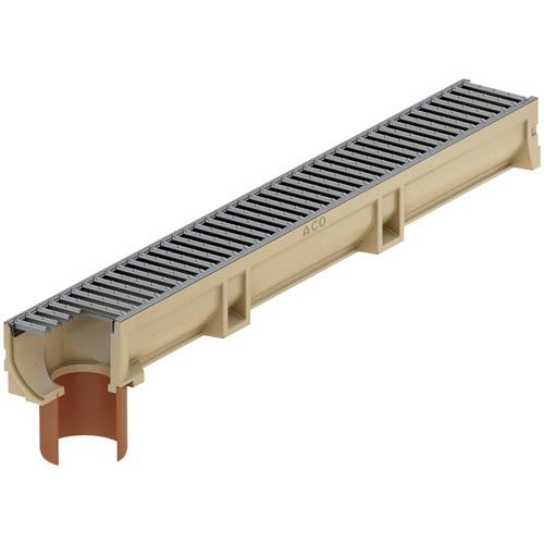 Odvodňovací žlab Euroline, H 100 mm, 1 m, A15, pozinkovaný rošt, spodní odtok d 110 mm, ACO 3003695