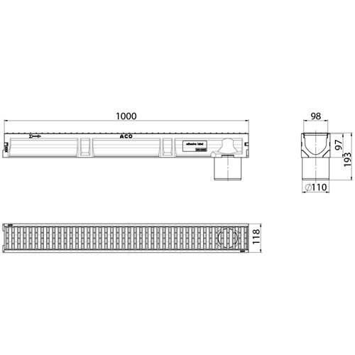 Odvodňovací žlab Euroline, H 100 mm, 1 m, A15, pozinkovaný rošt, spodní odtok d 110 mm, ACO 3003695
