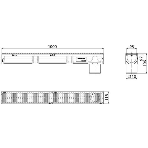 Odvodňovací žlab Euroline, H 104 mm, 1 m, B125, litinový rošt, svislý odtok d 110 mm, ACO 3003699