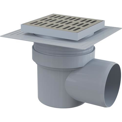 Podlahová vpusť 150 x 150 mm, mřížka nerez, boční odtok d 110 mm, Alcadrain APV12
