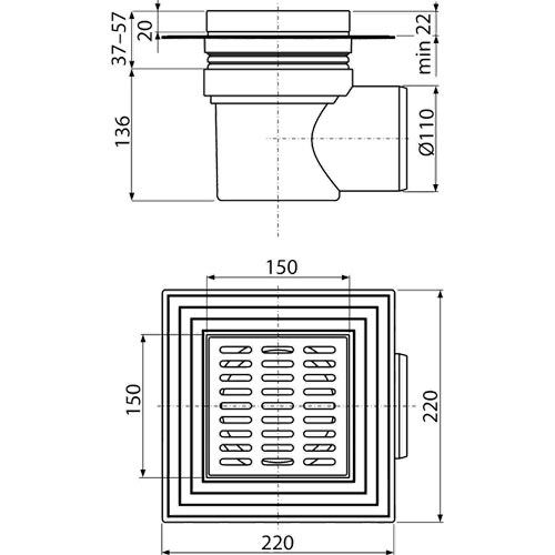 Podlahová vpusť 150 x 150 mm, mřížka nerez, boční odtok d 110 mm, Alcadrain APV12