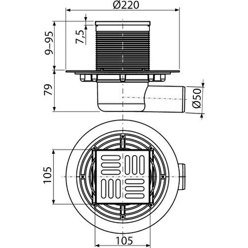 Podlahová vpusť 105 x 105 mm, mřížka nerez, boční odtok d 50 mm, Alcadrain APV1311