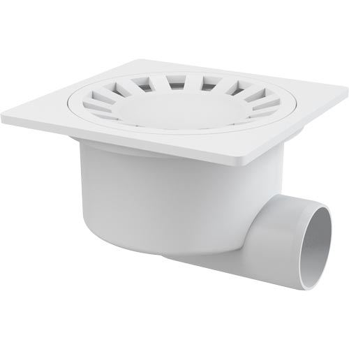 Podlahová vpusť 150 x 150 mm, mřížka bílá, boční odtok d 50 mm, Alcadrain APV15