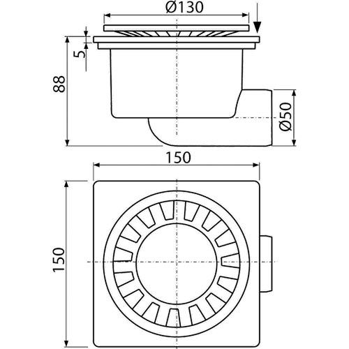 Podlahová vpusť 150 x 150 mm, mřížka bílá, boční odtok d 50 mm, Alcadrain APV15