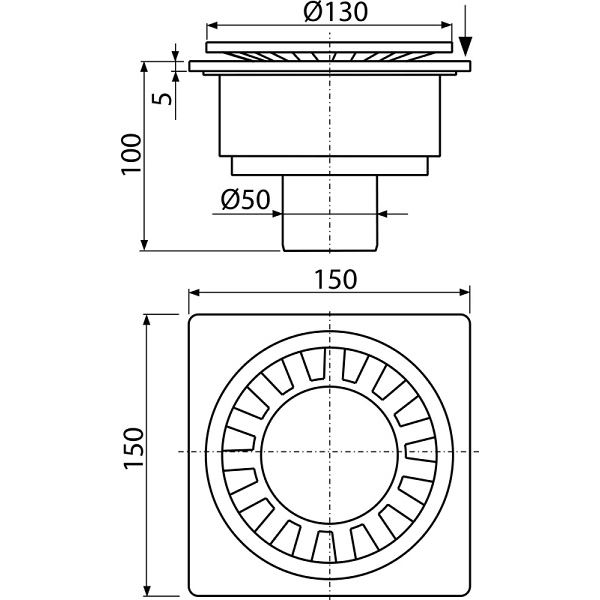 Podlahová vpusť 150 x 150 mm, mřížka šedá, boční odtok d 50 mm, Alcadrain APV16
