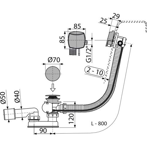 Vanový sifon A564CRM1, odpad 40/50 mm, s ovládáním, s napouštěním přepadem, Alcadrain A564CRM1-80