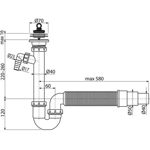 Dřezový sifon A830 s výpustí 70 mm, odpad 50/40 mm, s přípojkou, Alcadrain A830-DN50/40