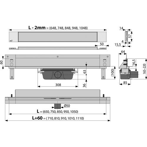 Sprchový odtokový žlab APZ5 TWIN 950 mm, Alcadrain