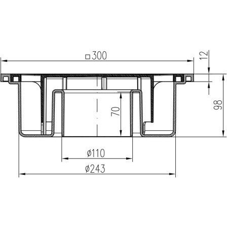 Podlahová vpusť 300 x 300 mm, mřížka bílá, spodní odtok d 110 mm, Chuděj 220 P, PV 300 110 P