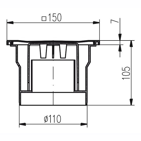 Podlahová vpusť 150 x 150 mm, mřížka nerez, spodní odtok d 110 mm, Chuděj 323 N
