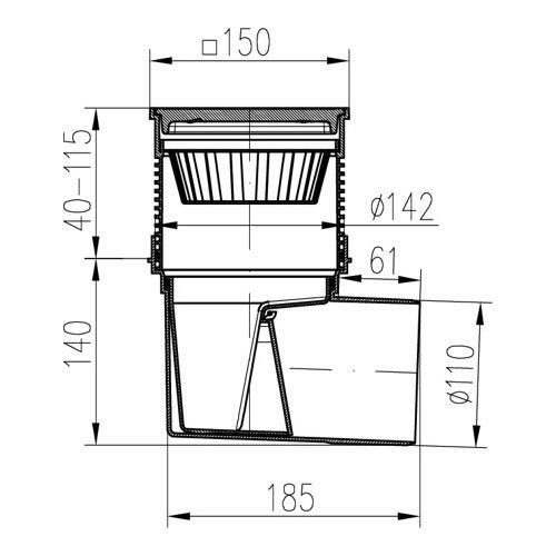Kanalizační vpusť s bočním odtokem 110 mm, suchá klapka, mřížka litinová černá 150x150 mm, Chuděj 324 S Li, KVB 110 S Li