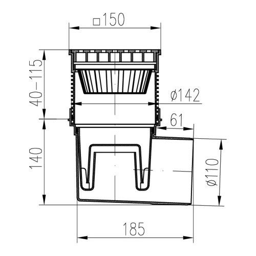Kanalizační vpusť s bočním odtokem 110 mm, vodní klapka, mřížka plastová černá 150x150 mm, Chuděj 324 V, KVB 110 V