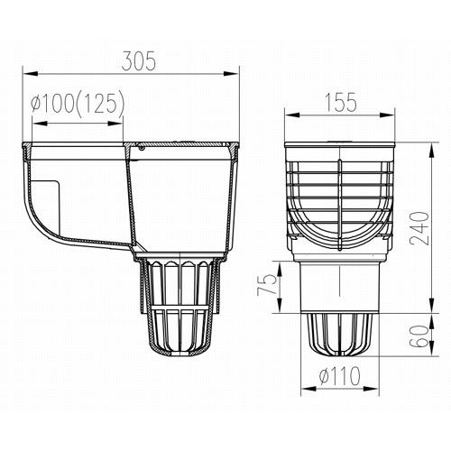 Lapač střešních splavenin DN 100, spodní odtok, litinové víko, Chuděj 325 A Li/100, KV 110 Li/100