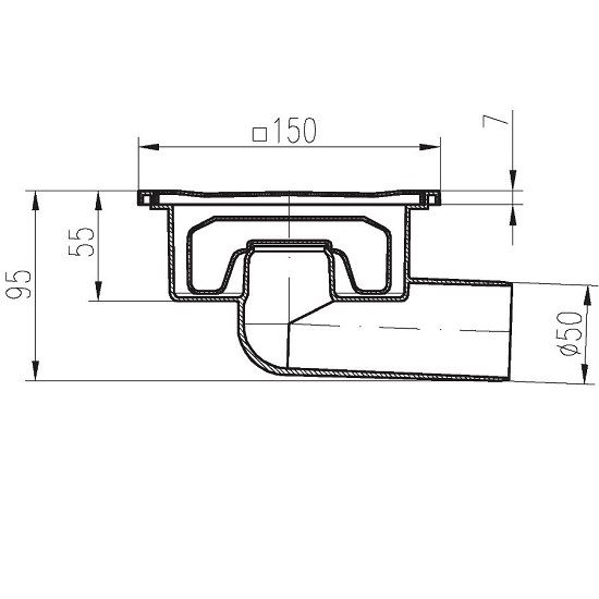 Podlahová vpusť 150 x 150 mm, mřížka nerez, boční odtok d 50 mm, Chuděj 326 X N