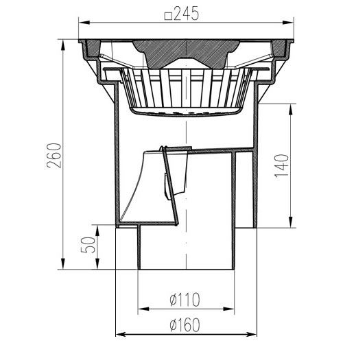 Kanalizační vpusť se spodním odtokem 110/160 mm, suchá klapka, mřížka litinová černá 245x245 mm, Chuděj 328, KVS 160 S Li