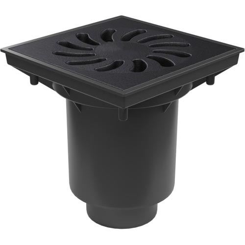 Kanalizační vpusť se spodním odtokem 110/160 mm, suchá klapka, mřížka litinová černá 245x245 mm, Chuděj 328, KVS 160 S Li