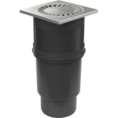 Kanalizační vpusť se spodní odtokem 110 mm, suchá klapka, mřížka nerezová 150x150 mm, Chuděj 727 S N, KVS 110 S N