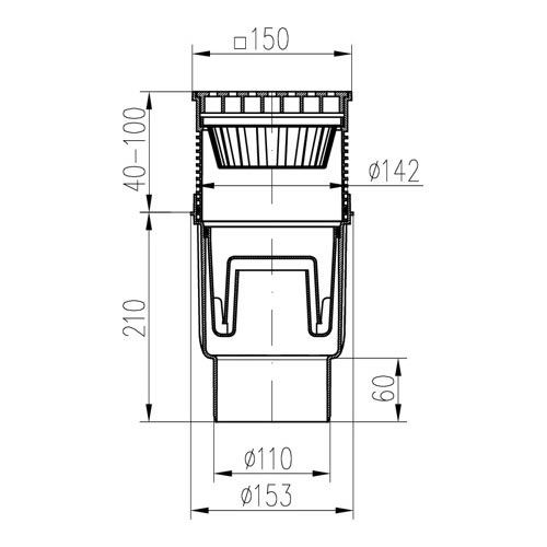 Kanalizační vpusť se spodní odtokem 110 mm, suchá klapka, mřížka plastová černá 150x150 mm, Chuděj 727 S, KVS 110 S