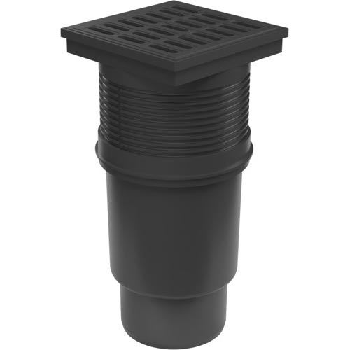 Kanalizační vpusť se spodní odtokem 110 mm, suchá klapka, mřížka plastová černá 150x150 mm, Chuděj 727 S, KVS 110 S