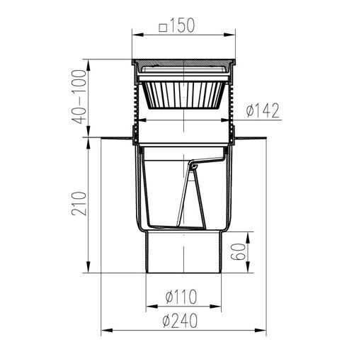 Kanalizační vpusť se spodní odtokem 110 mm, suchá klapka, mřížka nerezová 150x150 mm, Chuděj 727 S, KVS/L 110 S N