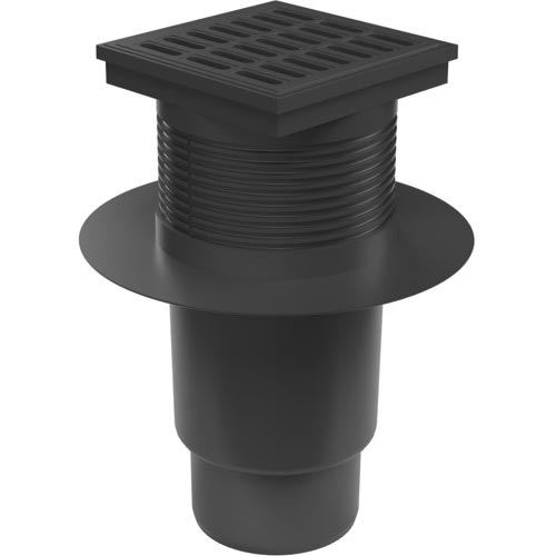 Kanalizační vpusť se spodní odtokem 110 mm, suchá klapka, mřížka plastová černá 150x150 mm, Chuděj 827 S, KVS/L 110 S