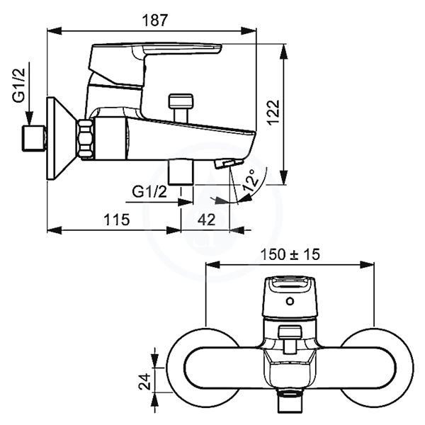 Vanová baterie HANSAPOLO 150 mm, chrom, nástěnná, bez příslušenství, Hansa 51442193