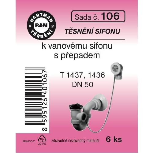 Sada těsnění k sifonům, DN 50, T 1437, 1436, 6 ks, č. 106, HARTMAN