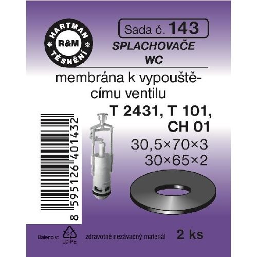 Sada těsnění k napouštěcímu ventilu WC, T 2431, T 101, 30,5 x 70 x 3, 30 x 65 x 2, 2 ks, č. 143, HARTMAN