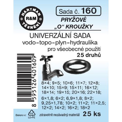 Sada těsnění univerzální, vodo-topo-plyn-hydraulika, 25 ks, č. 160, HARTMAN