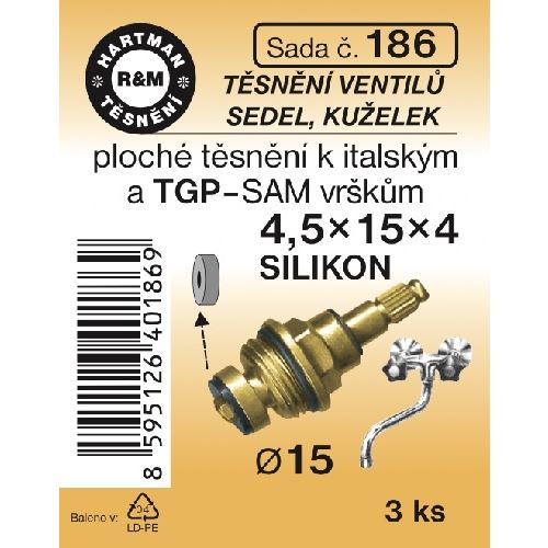Sada těsnění ventilů sedel, kuželek,4,5 x 15 x 4, průměr 15, silikon, 6 ks, č. 186, HARTMAN