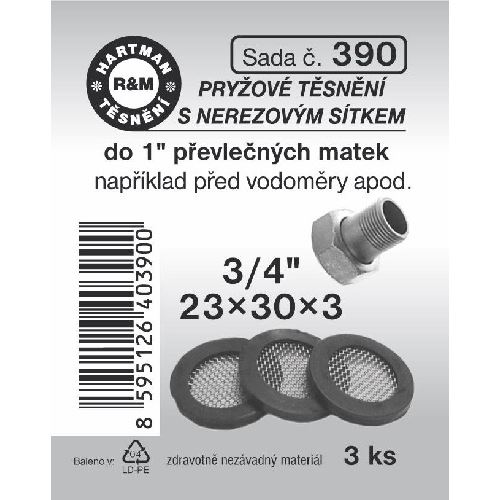 Sada těsnění, s nerezovým sítkem, 3/4“, 23 x 30 x 3, pryž, 3 ks č. 390, HARTMAN