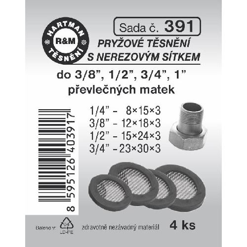 Sada těsnění, s nerezovým sítkem, pryž, 4 ks č. 391, HARTMAN