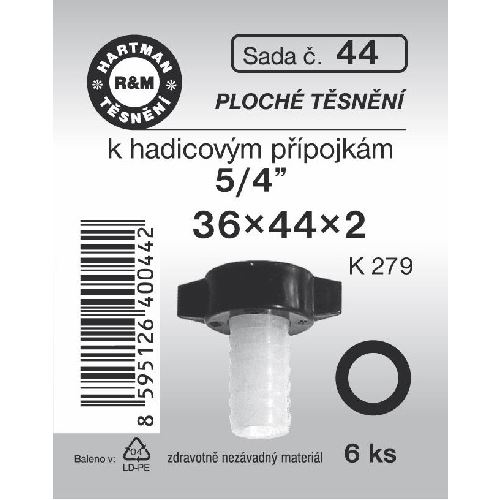 Sada těsnění k přípojkám, 36 x 44 x 2, pryžové, 6 ks, č. 44, HARTMAN