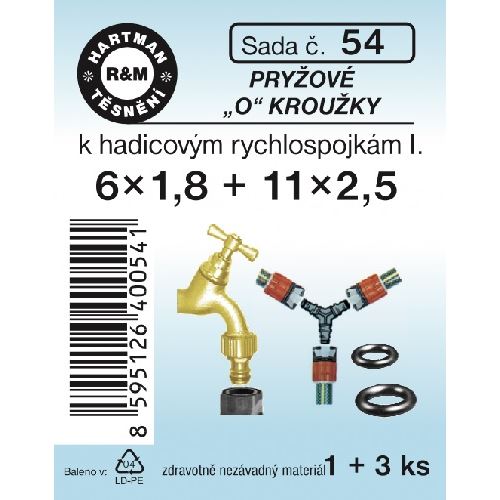 Sada těsnění k hadicovým rychlospojkám I., 6 x 1,8, 11 x 2,5, pryžové, 4 ks, č. 54, HARTMAN