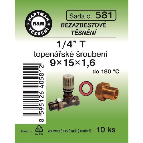 Sada těsnění pro šroubení, 1/4" T, 9 x 15 x 1,6, topenářské, bezazbestové, 10 ks č. 581, HARTMAN