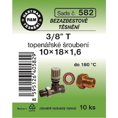 Sada těsnění pro šroubení, 3/8" T, 10 x 18 x 1,6, topenářské, bezazbestové, 10 ks č. 582, HARTMAN