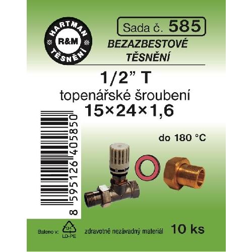 Sada těsnění pro šroubení, 1/2" T, 15 x 24 x 1,6, topenářské, bezazbestové, 10 ks č. 585, HARTMAN