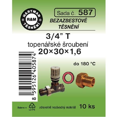 Sada těsnění pro šroubení, 3/4" T, 20 x 30 x 1,6, topenářské, bezazbestové, 10 ks č. 587, HARTMAN