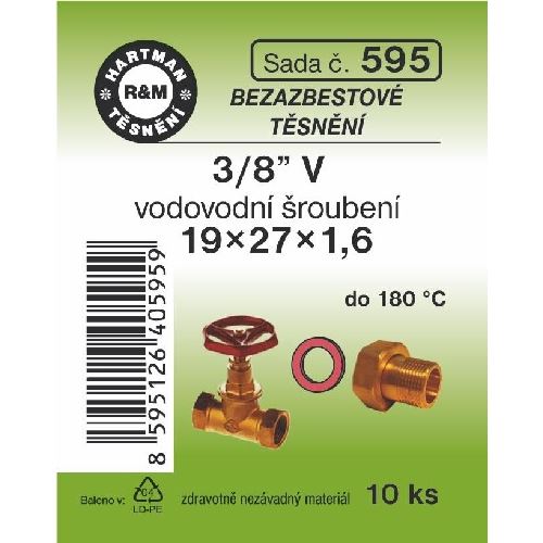 Sada těsnění pro šroubení, 3/8" V, 19 x 27 x 1,6, bezazbestové, 10 ks č. 595, HARTMAN
