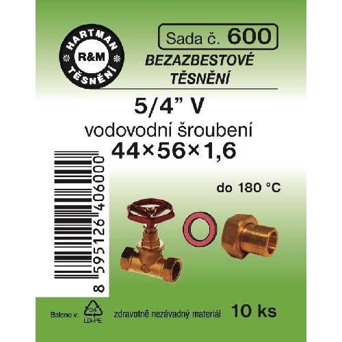 Sada těsnění pro šroubení, 5/4" V, 44 x 56 x 1,6, bezazbestové, 10 ks č. 600, HARTMAN