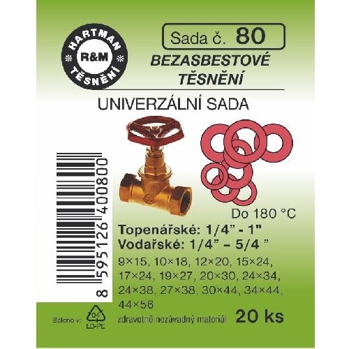 Sada těsnění do šroubení univerzální, 3/8" - 5/4", bezazbestové, 20 ks, č. 80, HARTMAN
