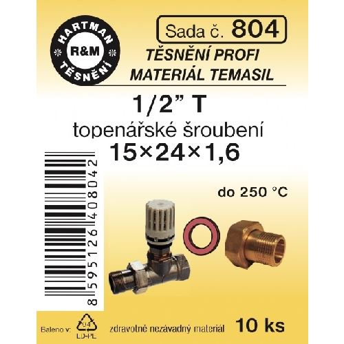 Sada těsnění pro šroubení, 1/2" T, 15 x 24 x 1,6, topenářské, 10 ks č. 804, HARTMAN