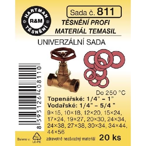 Sada těsnění do šroubení univerzální, 1/4" - 5/4", Temasil, 20 ks, č. 811, HARTMAN