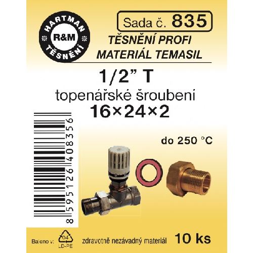 Sada těsnění do šroubení, 1/2“ T, 16 x 24 x 2, Temasil, 10 ks, č. 835, HARTMAN