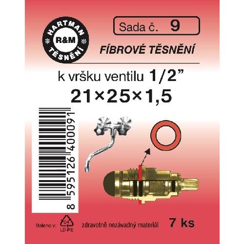 Sada těsnění k vršku ventilu, 1/2", 21 x 25 x 1,5, fíbrové, 7 ks, č. 9, HARTMAN